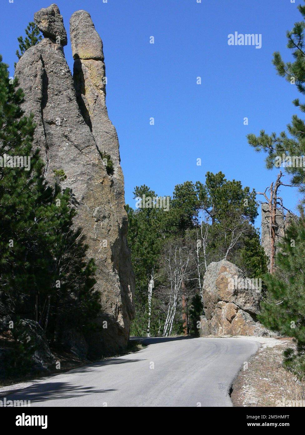 Peter Norbeck Scenic Byway - colonne di pietra lungo Needles Highway. Una massiccia faccia di pietra si separa in due colonne apparentemente sottili sulla Needles Highway. Località: South Dakota (43,841° N 103,536° W) Foto Stock