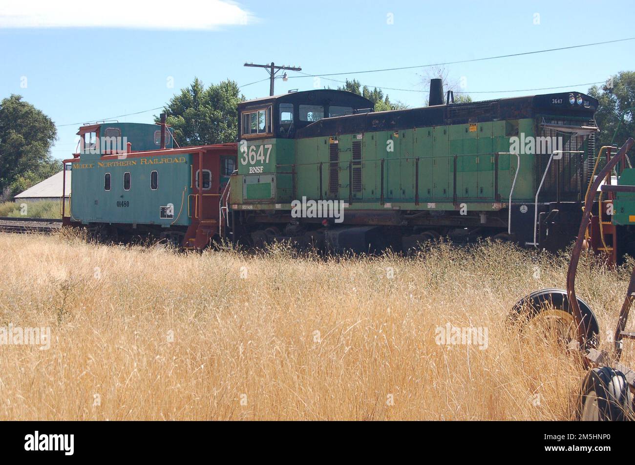 Volcanic Legacy Scenic Byway - treni storici a Tulelake. Diverse vetture verdi con rifiniture gialle e rosse, eventualmente una caboosa restaurata e un motore della Modoc Northern Railroad, sono in piedi su binari accanto all'autostrada nella città di Tulelake. Località: Tulelake, California (41,957° N 121,474° W) Foto Stock