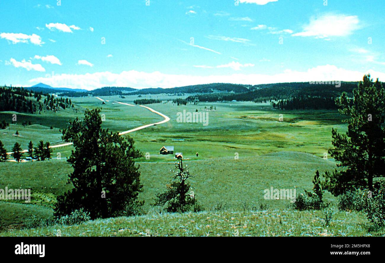 Tour panoramico e storico della Gold Belt Byway - Vista della Florissant Valley e Teller 1. Il Teller 1, la parte più settentrionale del Gold Belt Tour, si snoda attraverso la pastorale Florissant Valley. La valle si trova in un antico lago. Florissant Valley, Colorado (38,405° N 105,143° W) Foto Stock