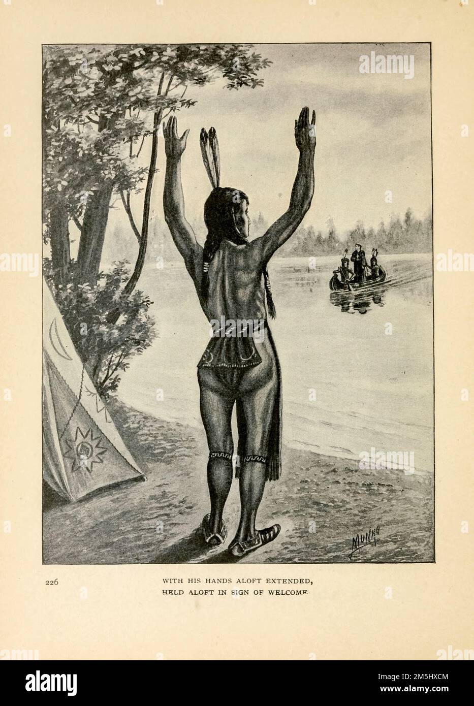 Con le sue mani Aloft Extended, tenuto Aloft in segno di benvenuto illustrato da Ella Booher, dal libro Hiawatha l'indiano dalla canzone di Longfellow di Hiawatha da Henry Wadsworth Longfellow, 1807-1882; Foto Stock