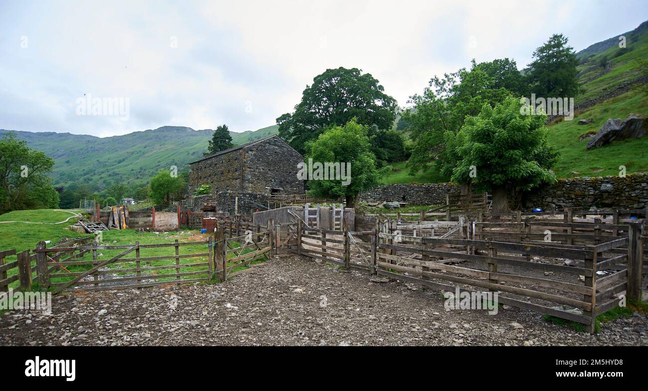 Edifici agricoli e recinzioni in disuso, parco nazionale del distretto del lago, Regno Unito, GB, Foto Stock