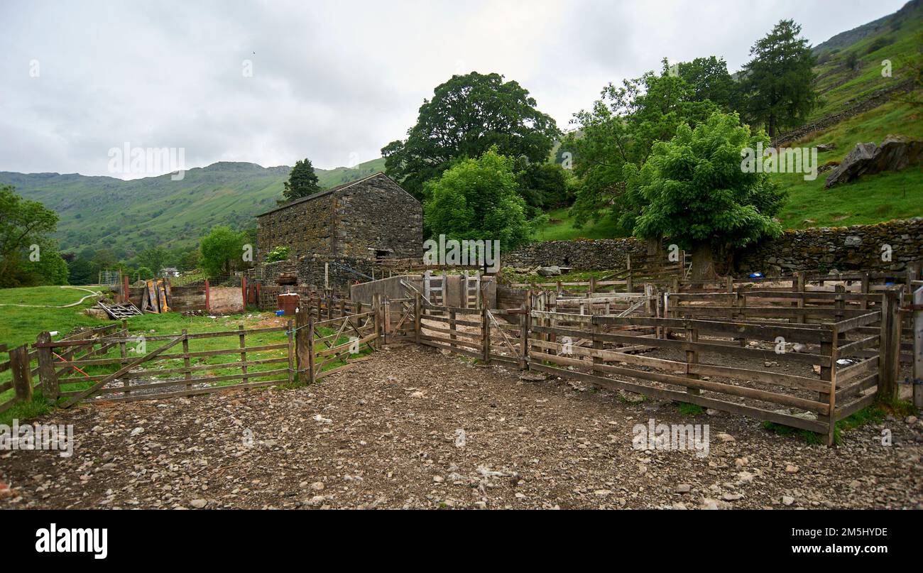Edifici agricoli e recinzioni in disuso, parco nazionale del distretto del lago, Regno Unito, GB, Foto Stock