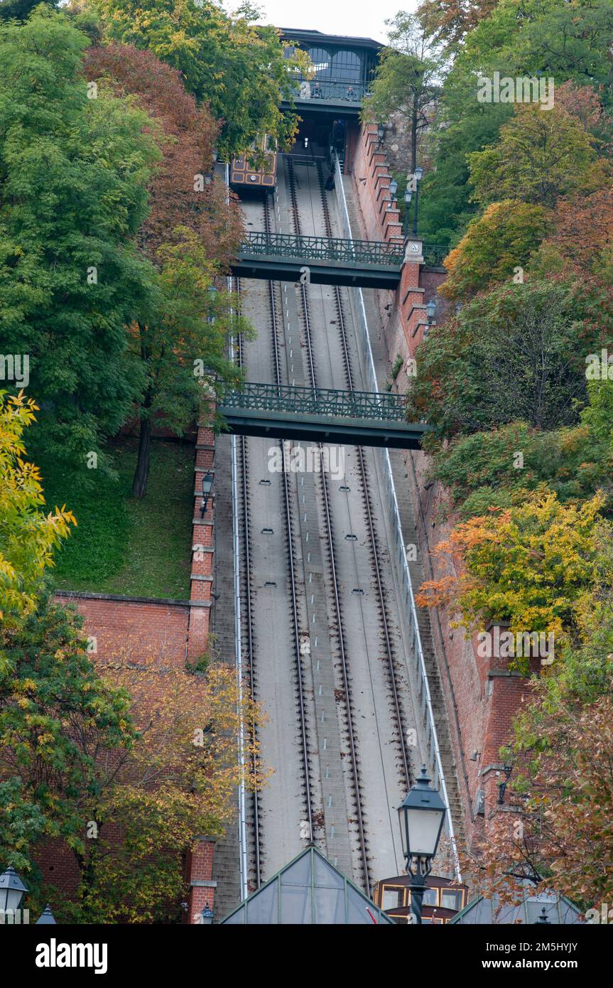 Funicolare del Castello di Buda, quartiere del Castello, lato Pest del Danubio, Budapest centrale, Ungheria, Foto Stock