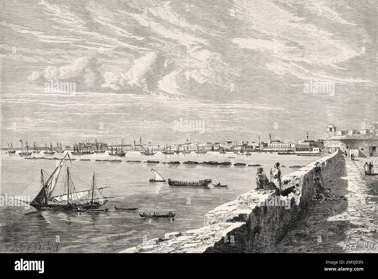 Porto di Tripoli. Vista panoramica generale dell'antica città di Tripoli nel 1850, Libia. Nord Africa Foto Stock