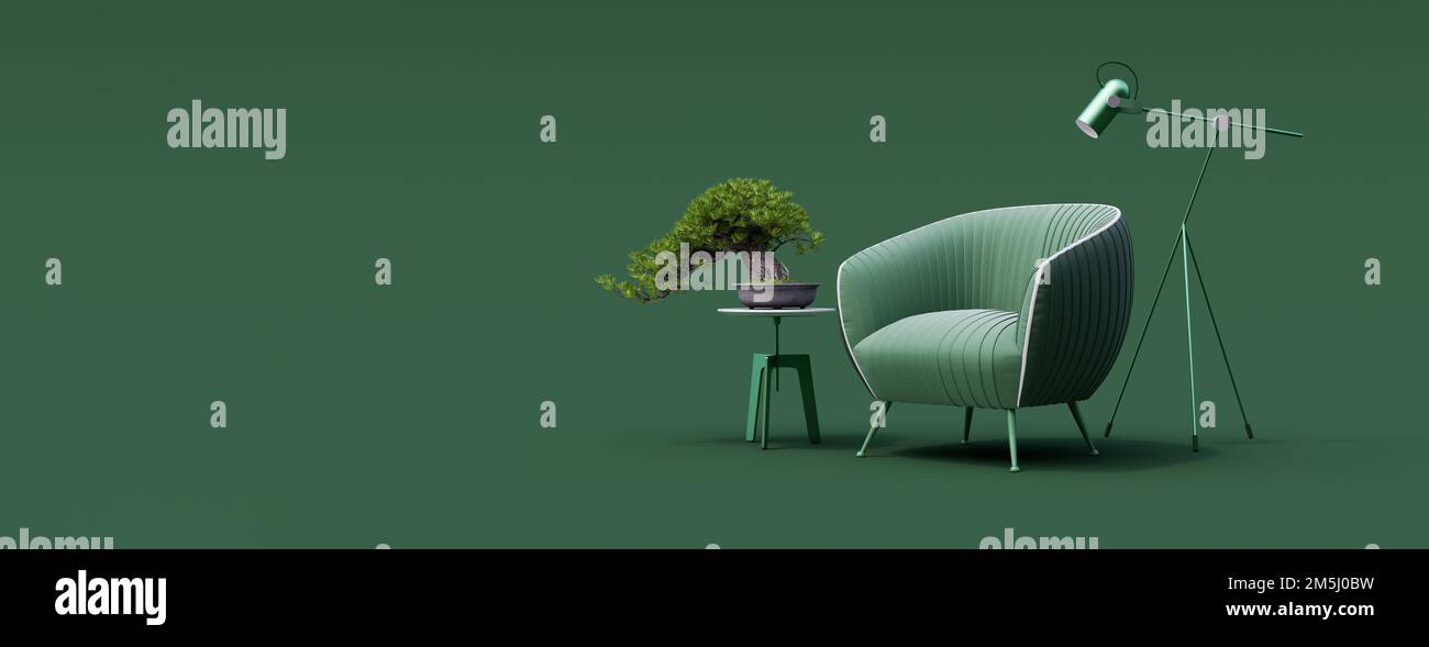 Interni dal design creativo in uno studio verde con poltrona. Rendering 3D minimal color concept Foto Stock