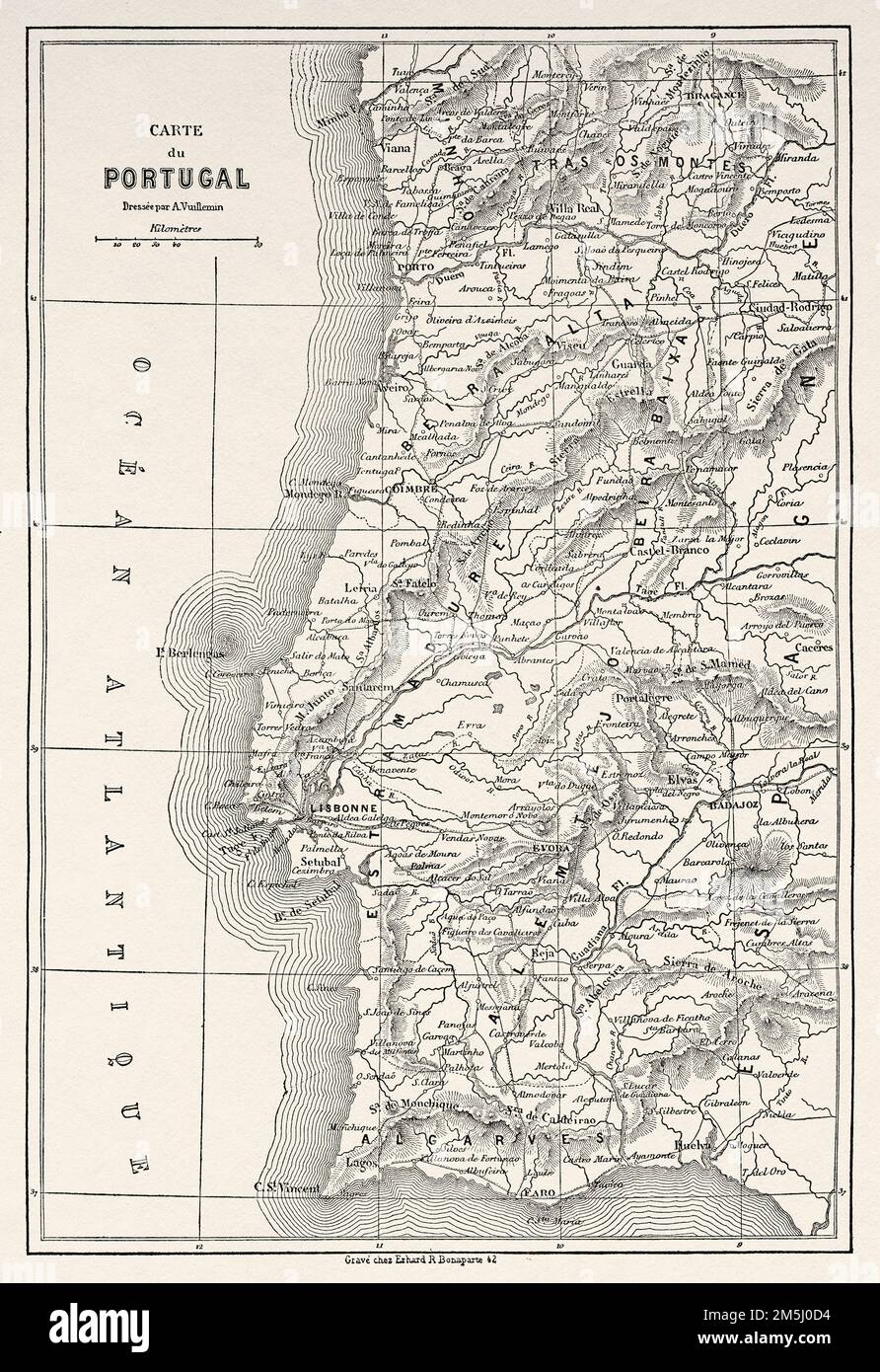 Antica mappa, Portogallo. Viaggi nelle province settentrionali del Portogallo di Luc-Olivier Merson, 1857. Le Tour du Monde 1861 Foto Stock