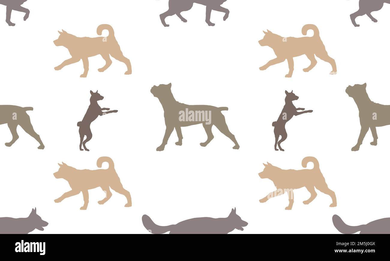 Cani diversi colori isolati su uno sfondo bianco. Ripetizione senza giunture. Texture infinita. Design per tessuti, decorazioni, carta da parati, carta da imballaggio, stampa. Illustrazione Vettoriale