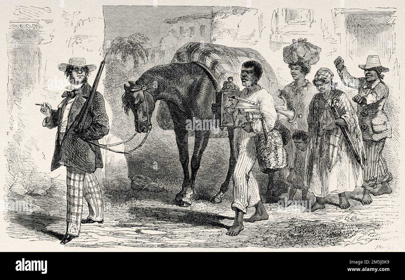 Ritorno da un mercato degli schiavi a Rio de Janeiro, Brasile, Sud America. Viaggio del pittore francese Francois Auguste Biard in Brasile, 1858-1859 Foto Stock