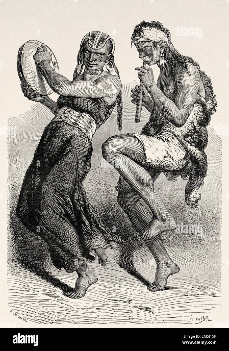 Due ballerini della Patagonia che suonano il flauto e il tamburello. Argentina, Sud America. Tre anni di prigionia tra i Patagoni di Auguste Guinnard 1856 Foto Stock