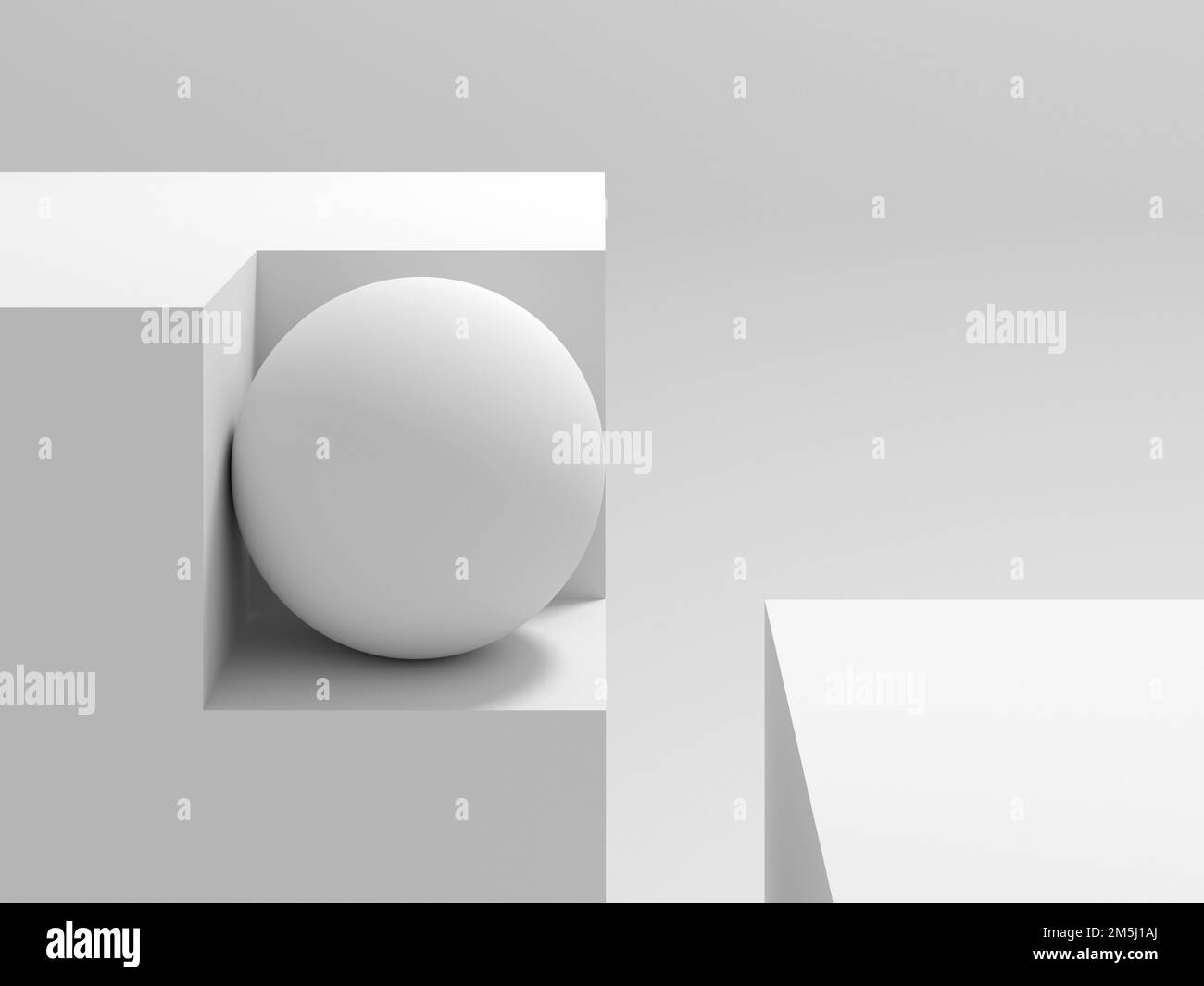 Astratto bianco installazione geometrica con una sfera in angolo mancante di un cubo, 3D rendering illustrazione Foto Stock