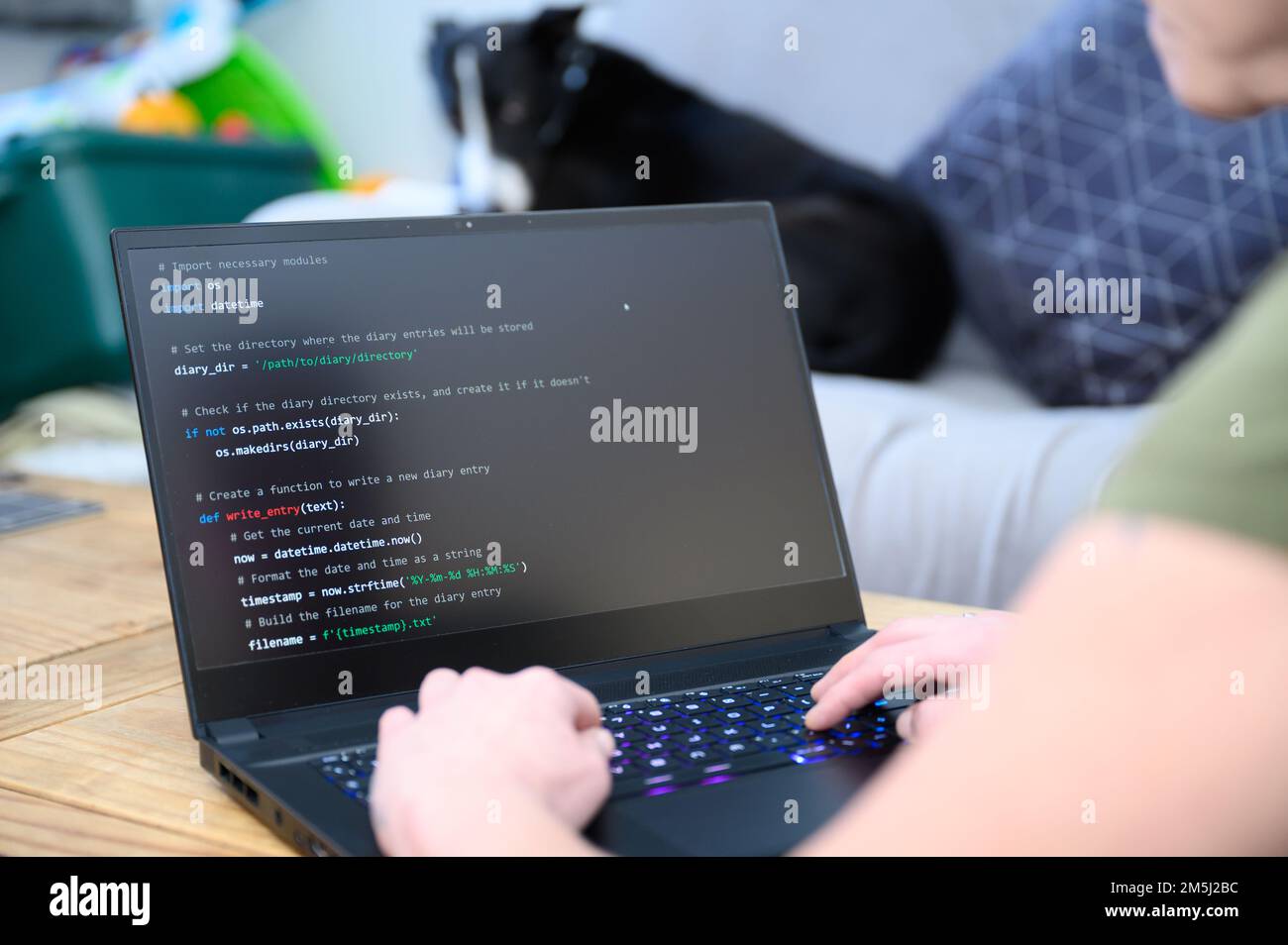 Codificare in casa, una donna che scrive codice su un laptop per un'app o un sito Web mentre lavora da casa Foto Stock
