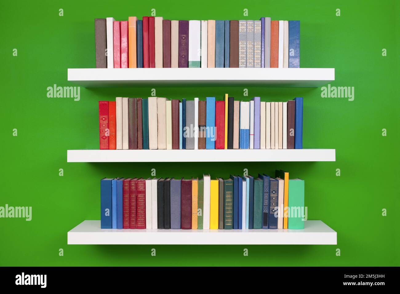 file ordinate di libri su mensole bianche contro una parete verde Foto Stock