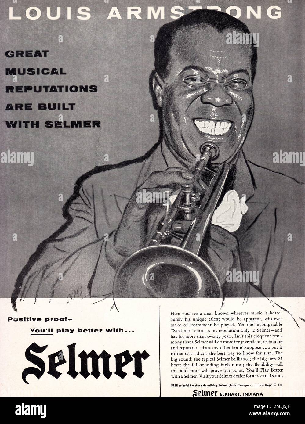Una pubblicità per le trombe Selmer di Louis Armstrong, leggenda del jazz. Da una rivista musicale del 1956. Foto Stock