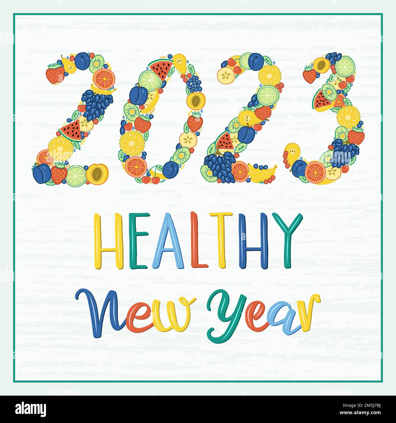 I numeri dell'anno 2023 sono fiancheggiati da frutti e bacche dai colori vivaci. Lettere scritte a mano per il nuovo anno sano. Illustrazione Vettoriale