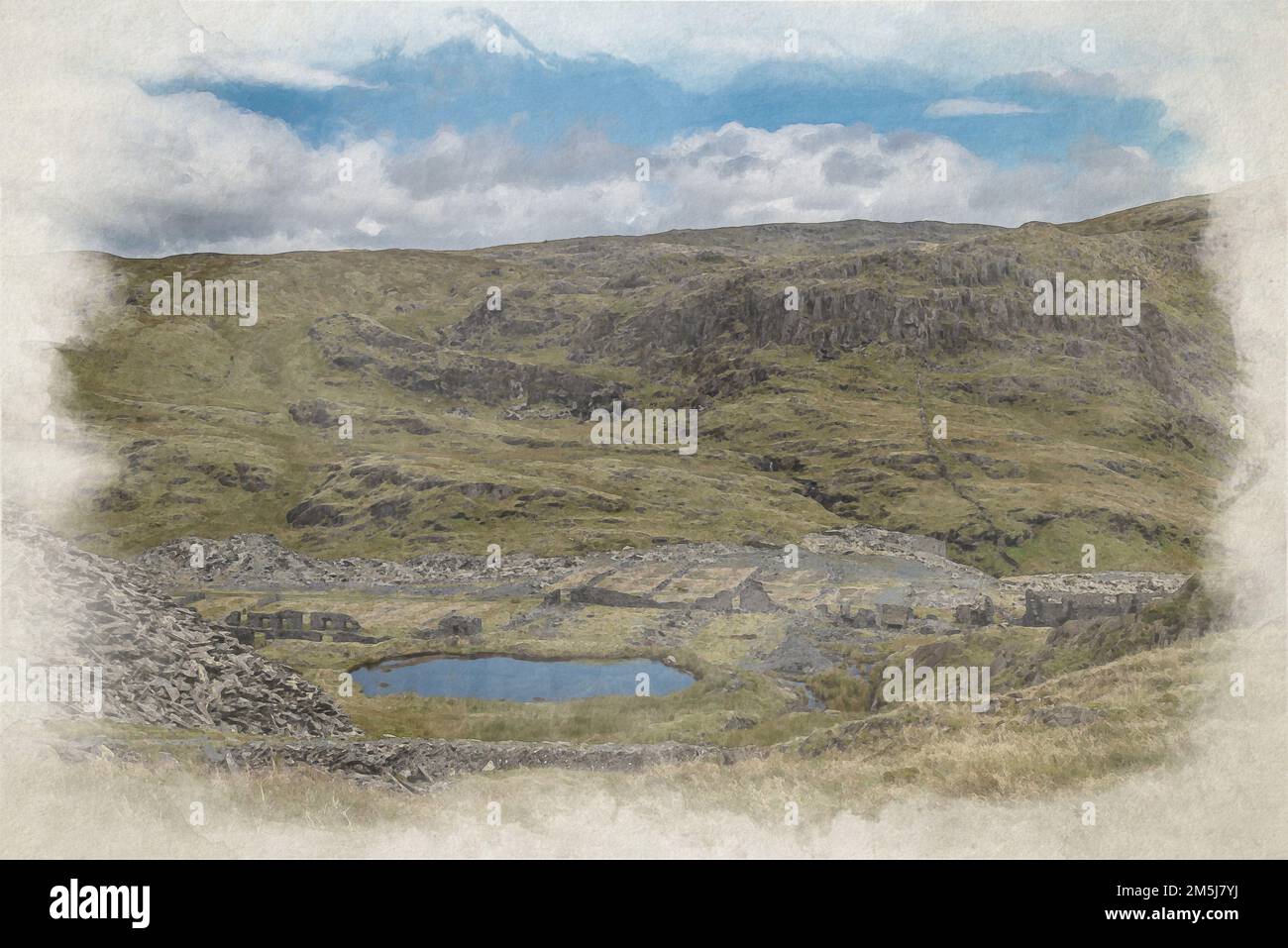 Acquerello digitale della Cwmorthin Slate Quarry abbandonata a Blaenau Ffestiniog a Snowdonia, Galles. Foto Stock