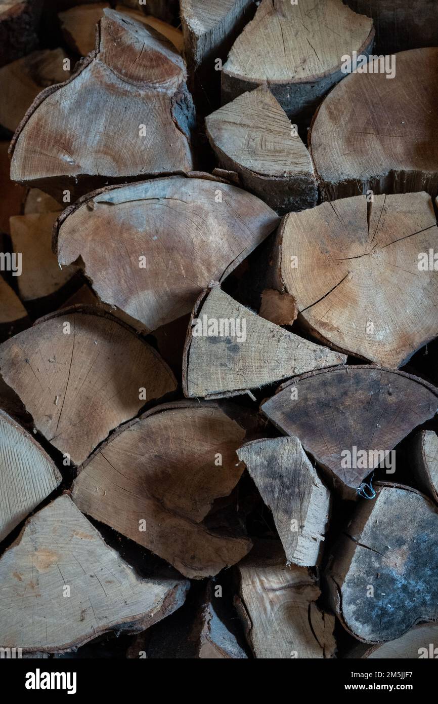 Stock di pezzi di legno di faggio immagazzinati da casa per il riscaldamento durante l'inverno Foto Stock