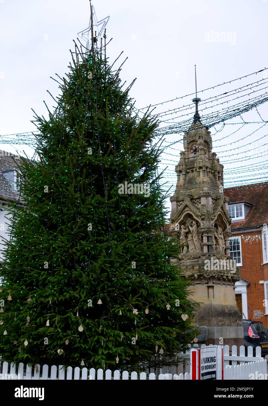 Grande albero di Natale accanto a una vecchia fontana a Saffron Walden, Essex, Regno Unito Foto Stock