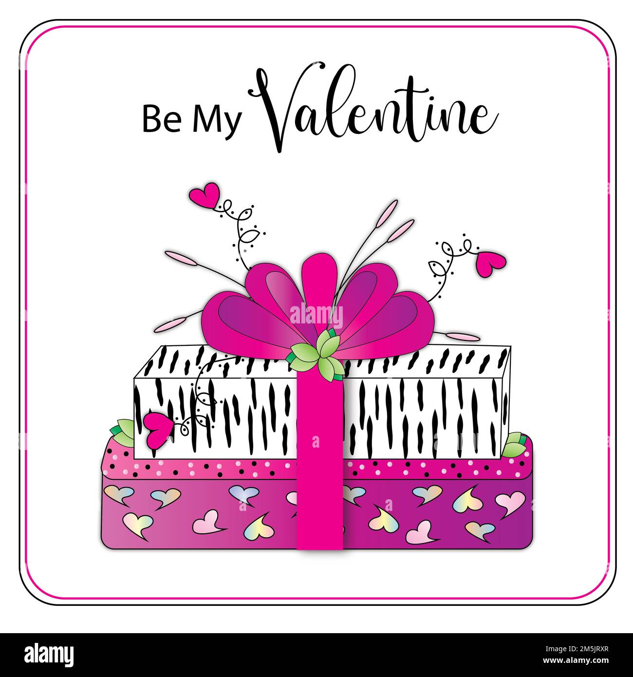 Sia il mio Valentine grafico dei regali avvolti in carta stampata di fucsia e zebra con i cuori decorativi. Isolato su sfondo bianco Foto Stock