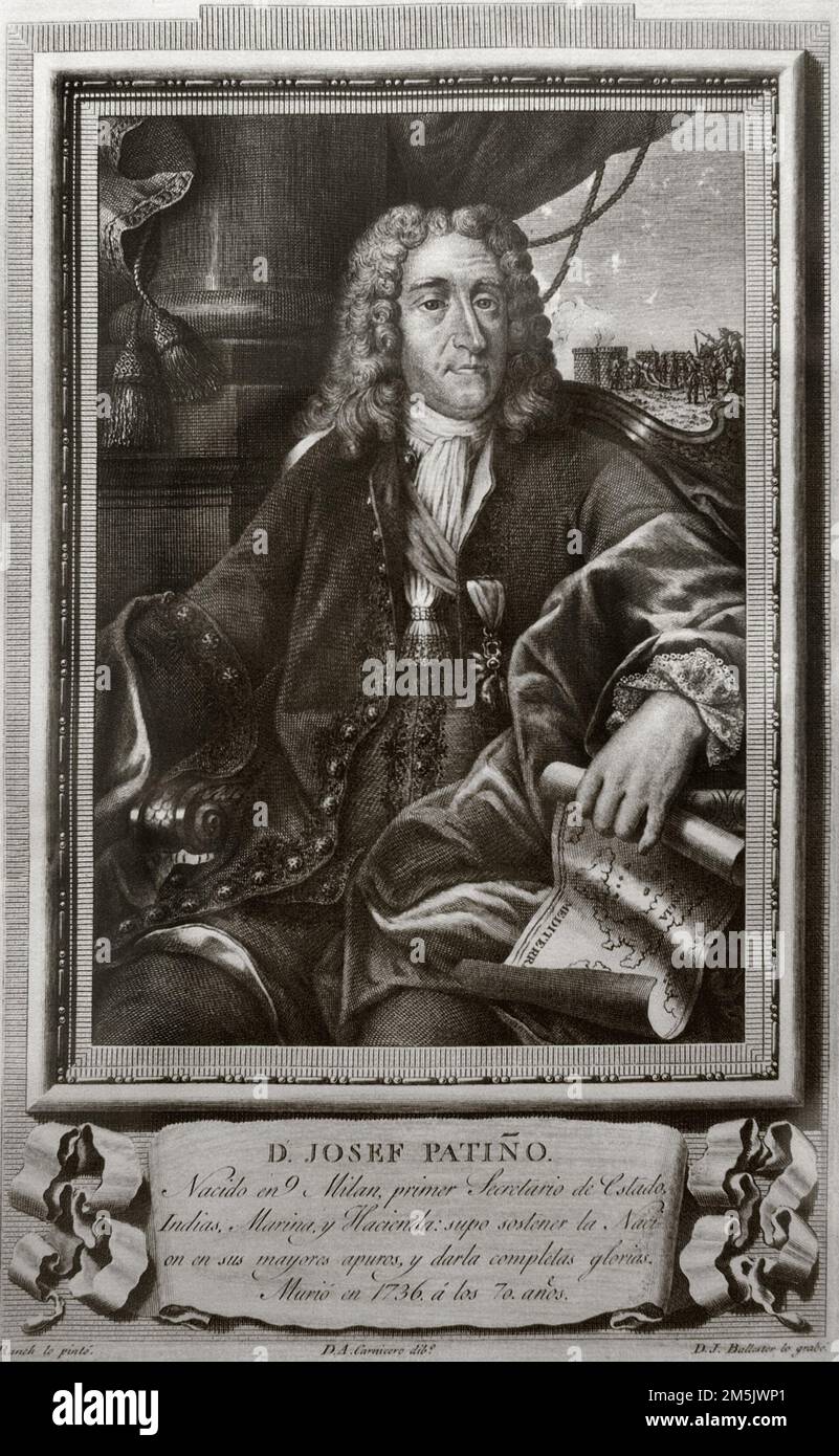 José Patiño (1670-1736). Segretario della Marina e delle Indie sotto il re Filippo V di Spagna. Si impegnò nella riorganizzazione della Marina e fondò l'Accademia militare Navale. Nel 1718 formò la Compañia de Caballeros Guardiamarinas (Compagnia reale delle Guardie Marittime). Verticale. Incisione. Jean Ranc (pittore), Antonio Carnicero (illustratore) e Joaquín Ballester (incisore). Museo dell'esercito. Toledo, Spagna. Foto Stock