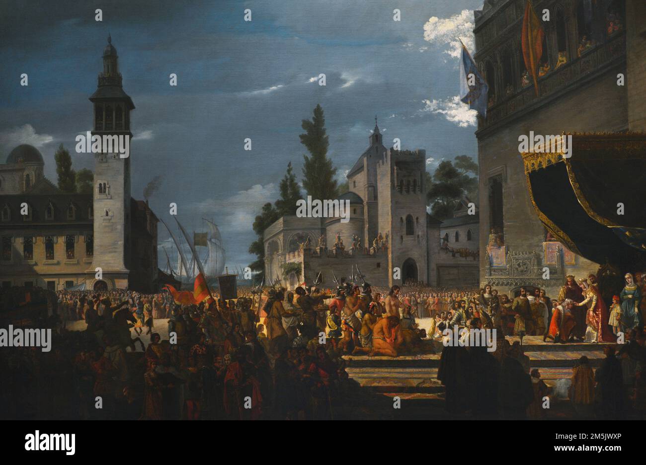 Colombo ricevuto dai monarchi cattolici a Barcellona (aprile 1493). Olio su tela (111 x 144 cm) di Francisco Garcia Ibañez (1825), 1845. Museo dell'esercito. Toledo, Spagna. (In prestito dal Museo del Prado, Spagna). Foto Stock