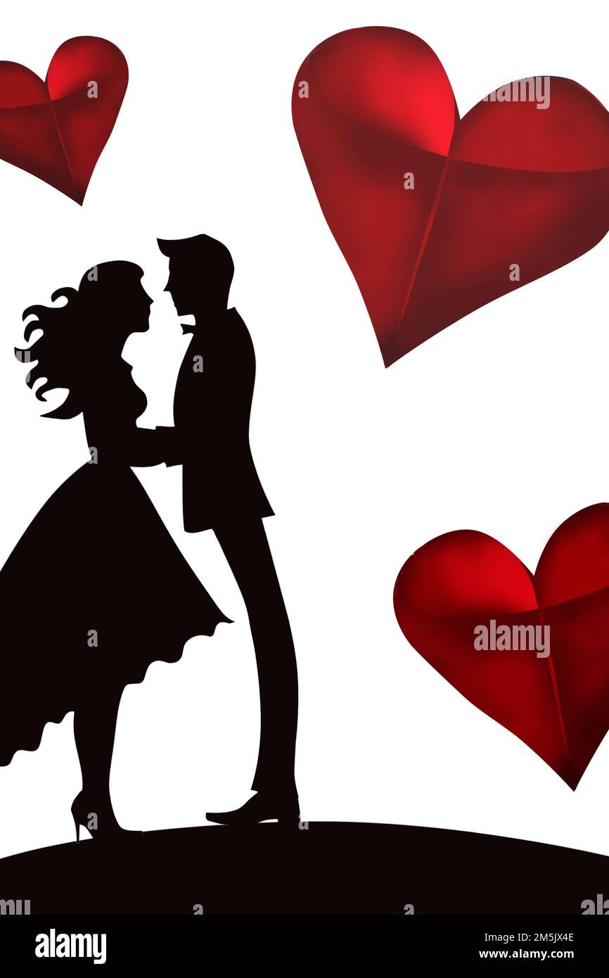 Illustrazione del biglietto d'auguri per la celebrazione di San Valentino con le silhouette di giovane coppia amorevole Foto Stock