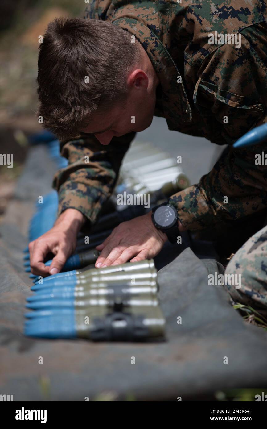 STATI UNITI Marine 2nd Lt. John Finnegan, un comandante plotone con 1st Battaglione di ricognizione blindato, 1st Divisione Marina, collega le munizioni prima di sparare una pistola a catena Bushmaster M242 da 25 mm durante un allenamento di disgregazione delle munizioni in stand-off a Range 408 sulla base del corpo dei Marine Camp Pendleton, 21 marzo 2022. SMUD è una tecnica utilizzata dai tecnici di smaltimento delle sostanze esplosive per neutralizzare rapidamente ed efficacemente le sostanze da una distanza di sicurezza. Finnegan è nativo di Spring, Texas. Foto Stock