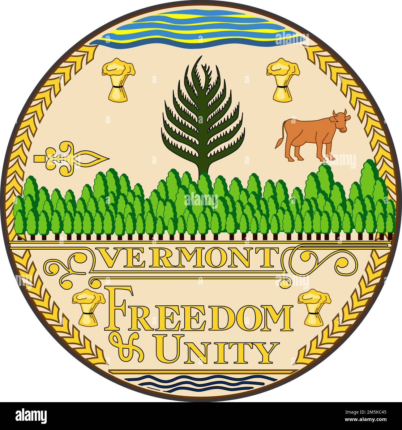 Vista dall'alto del Great Seal dello stato federale del Vermont. Stati Uniti d'America patriota e concetto di viaggio. Layout del piano, design Foto Stock