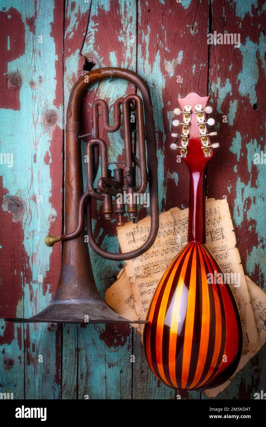 Old Horn e Mandolin Still Life Foto Stock