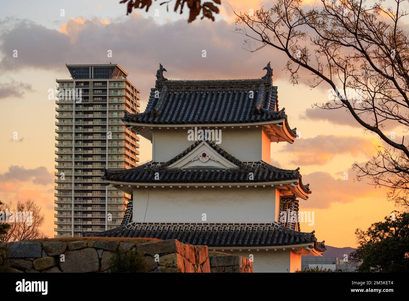 Storico castello giapponese e moderno e alto appartamento al tramonto Foto Stock