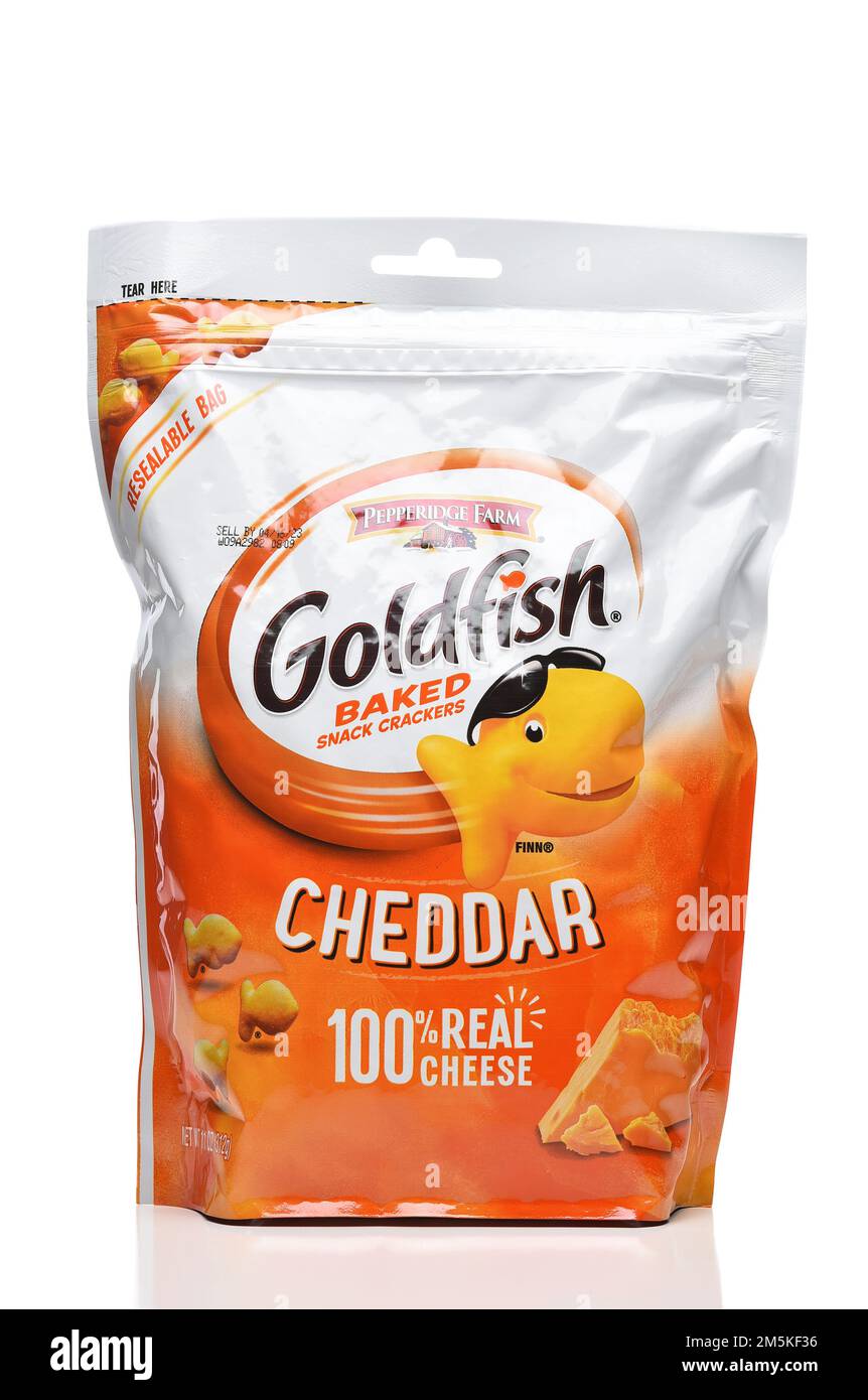 IRIVNE, CALIFORNIA - 23 DEC 2022: Una borsa di Peppperidge Farms Goldfish, Cracker di formaggio Cheddar al forno Foto Stock