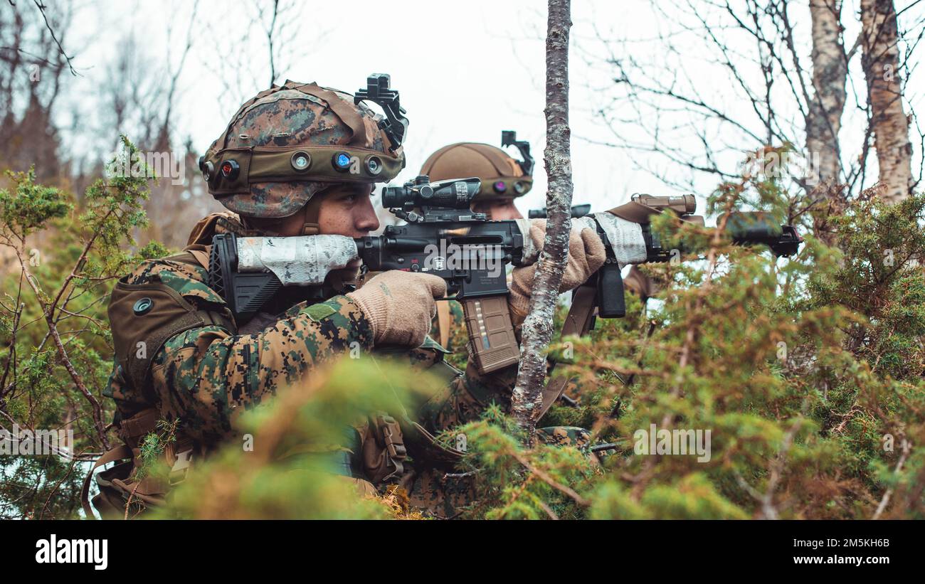 STATI UNITI Sebastian Weidman e un leader della squadra di fanteria sparano M27 Fucili automatici di fanteria durante l'esercizio Cold Response 2022, Norvegia, 22 marzo 2022. I Marines sono assegnati a 3rd battaglione, 6th Reggimento Marino, 2D Divisione Marina, II forza di spedizione Marina. Exercise Cold Response '22 è un esercizio biennale di preparazione e difesa nazionale norvegese che si svolge in tutta la Norvegia, con la partecipazione di ciascuno dei suoi servizi militari, nonché di altre 26 nazioni alleate della NATO e partner regionali. Foto Stock