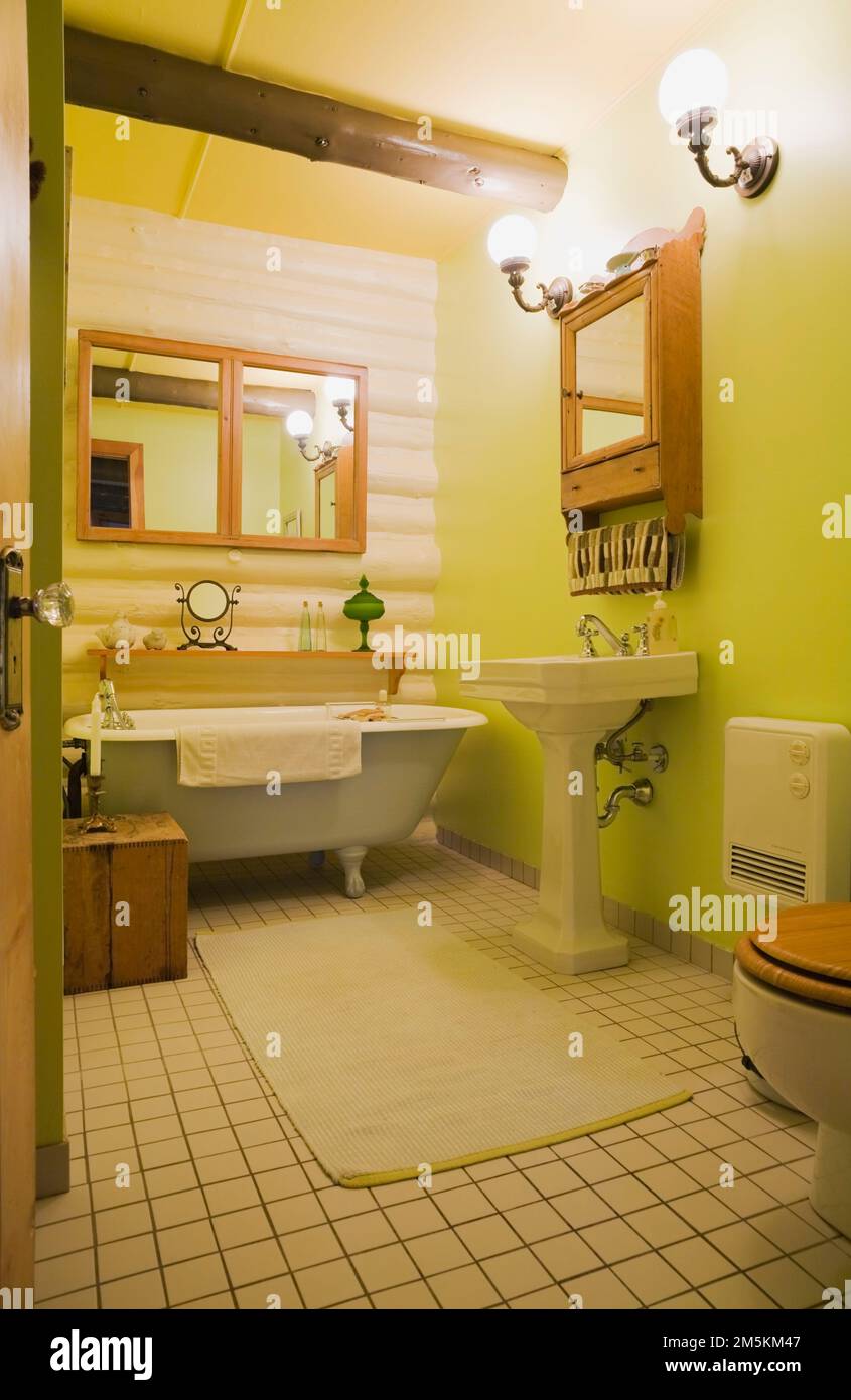 Vasca da bagno bianca e grigia con rivestimento in verde lime, all'interno di un cottage in stile rustico. Foto Stock