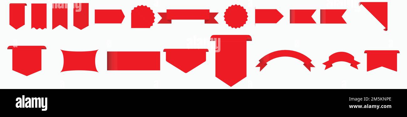 Set di etichette rosse. Vendita e nuovo set di etichette. Rotoli rossi e striscioni isolato collezione. Sconti su nastri rossi, banner, etichette per la spesa e icone. Illustrazione Vettoriale