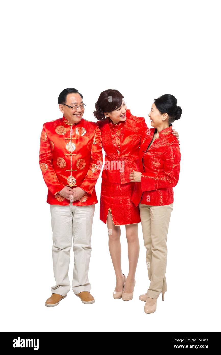 Felice famiglia di abbigliamento del Capodanno cinese Foto Stock