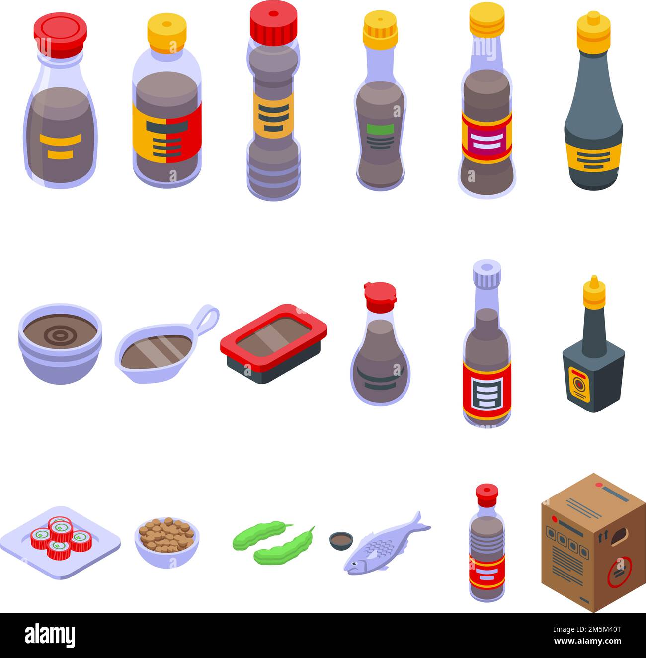 Set di icone saucem di soia. Insieme isometrico di icone vettoriali di saucem di soia per il web design isolato su sfondo bianco Illustrazione Vettoriale