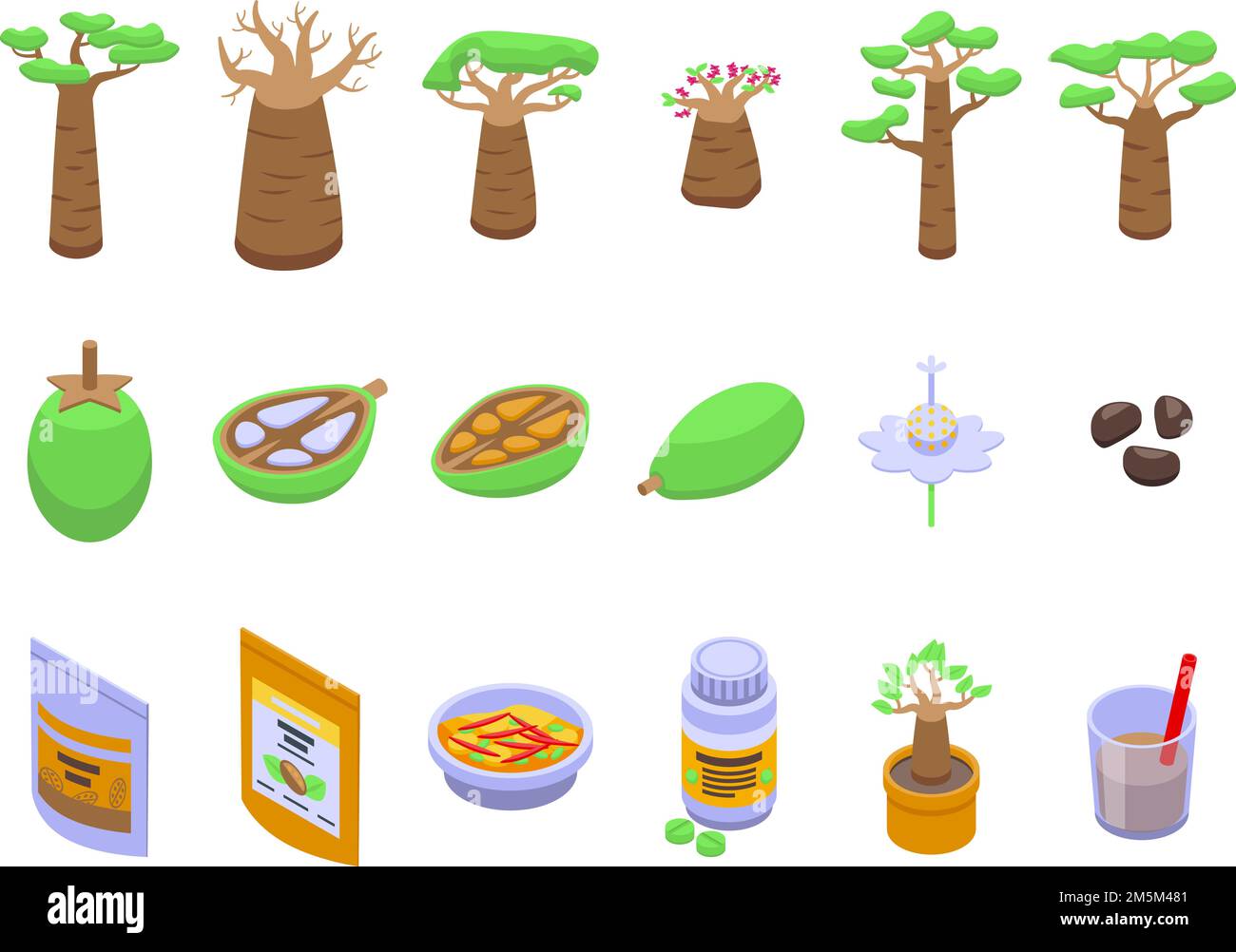 Le icone Baobab impostano il vettore isometrico. Albero di frutta. Semi di fiori di Baobab Illustrazione Vettoriale