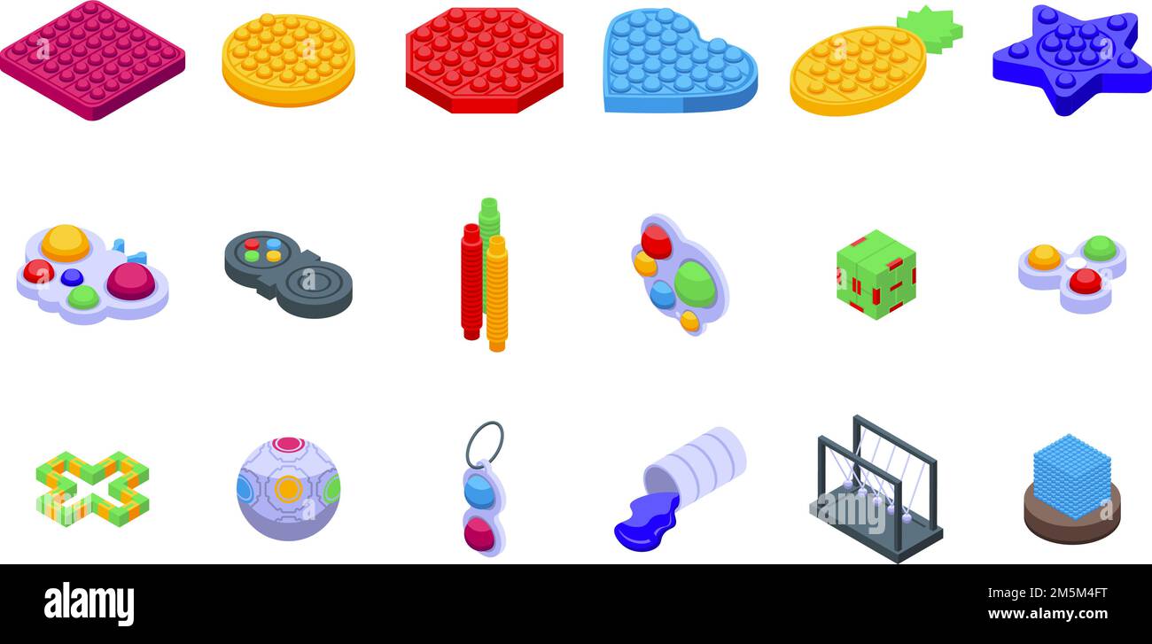 Le icone dei giocattoli antistress impostano il vettore isometrico. Concavità semplice. Sfera sensoriale Illustrazione Vettoriale
