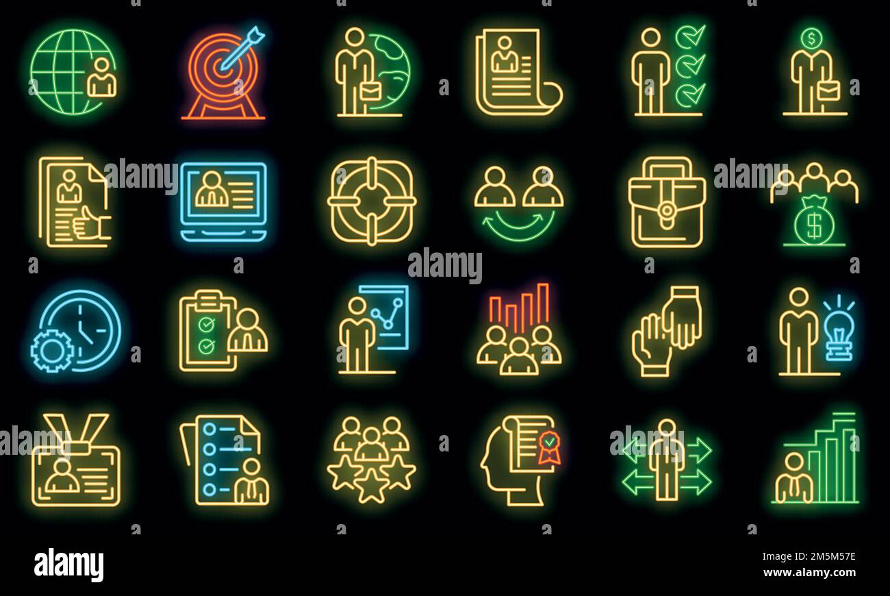Icone di outsource impostate. Contorno insieme di icone vettoriali outsource colore neon su nero Illustrazione Vettoriale