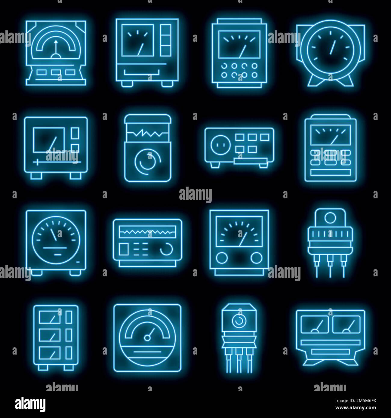 Icone del regolatore di tensione impostate. Contorno insieme di icone vettoriali del regolatore di tensione di colore neon su nero Illustrazione Vettoriale