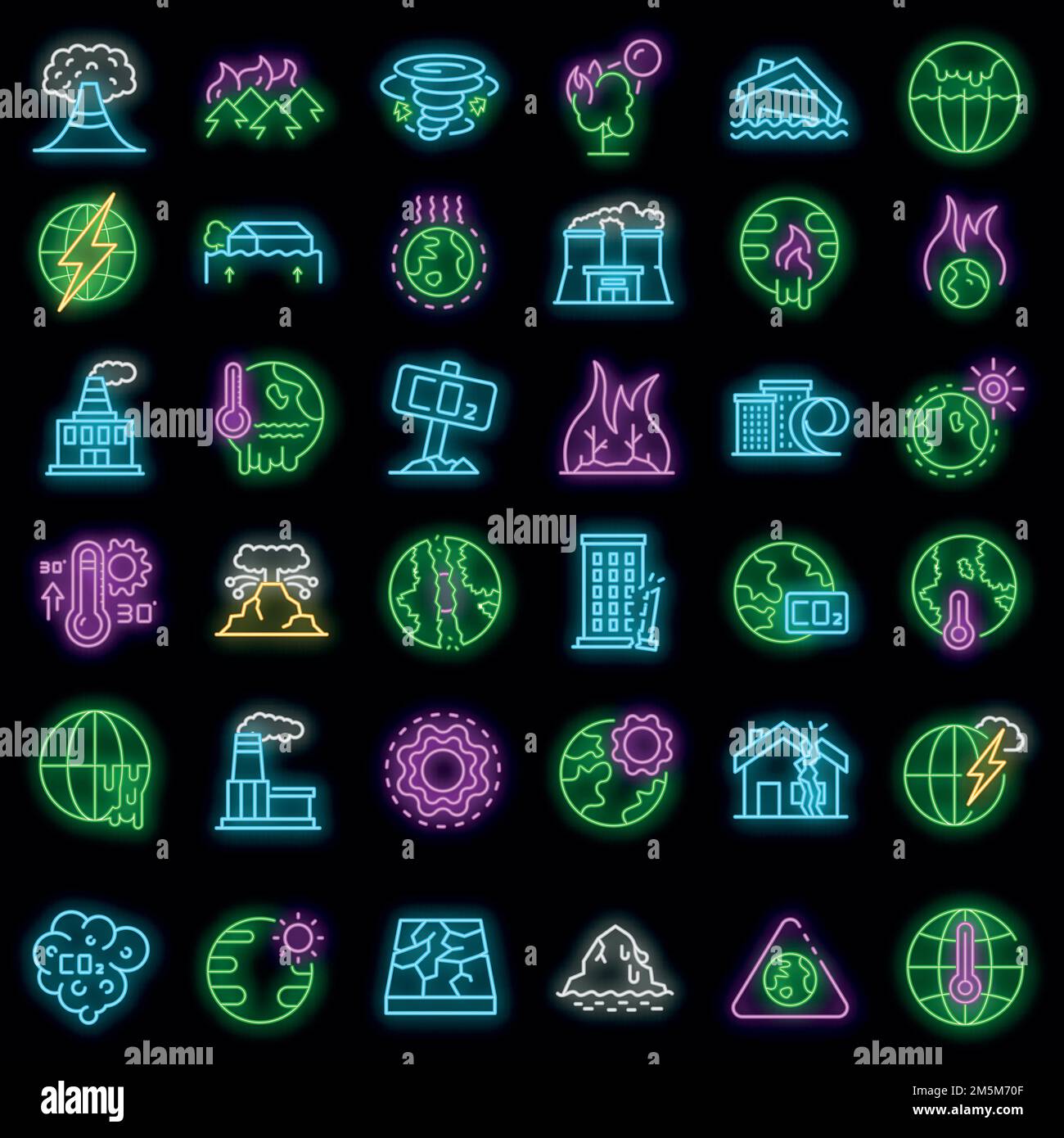 Set di icone di riscaldamento globale. Contorno insieme di icone vettoriali di riscaldamento globale colore neon su nero Illustrazione Vettoriale