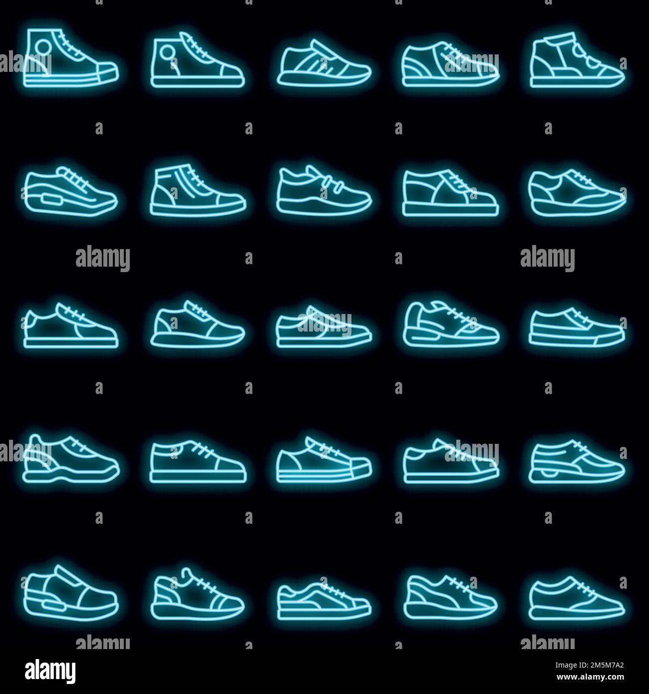 Set di icone sneakers. Outline Set di sneakers vettore icone colore neon su nero Illustrazione Vettoriale