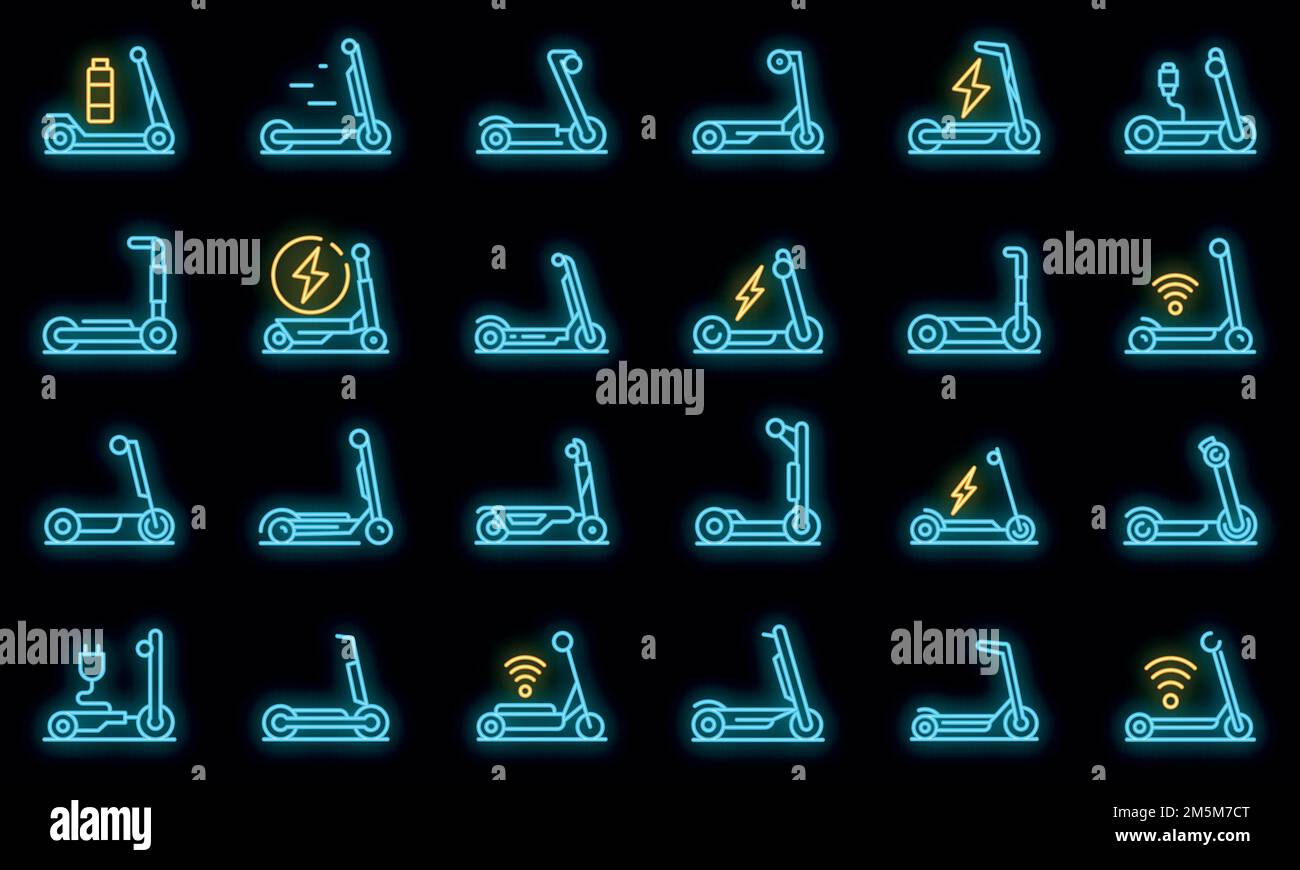 Set di icone scooter elettrico. Contorno insieme di icone vettoriali scooter elettrico colore neon su nero Illustrazione Vettoriale