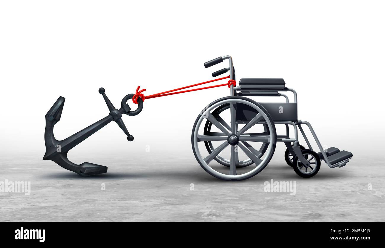 Sfide affrontate da disabili come barriere e problemi di accessibilità o disabilità come una sedia a rotelle ancorata con un peso pesante Foto Stock