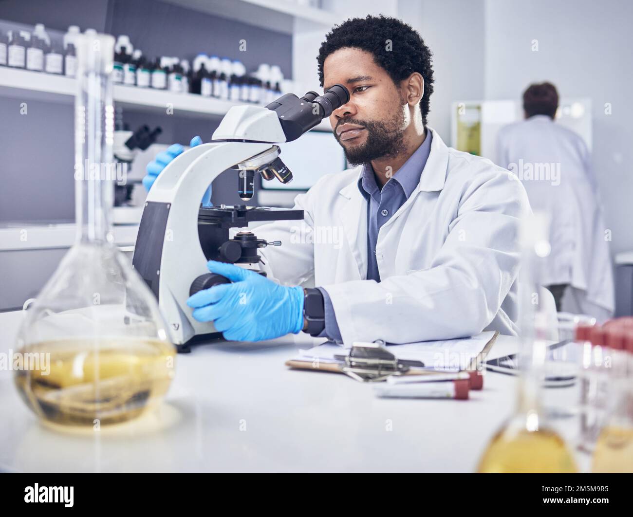 Microscopio, scienziato e uomo nero con ricerca, assistenza sanitaria e diagnosi in laboratorio. Scienza, maschio afro-americano e attrezzature da laboratorio per la cura Foto Stock