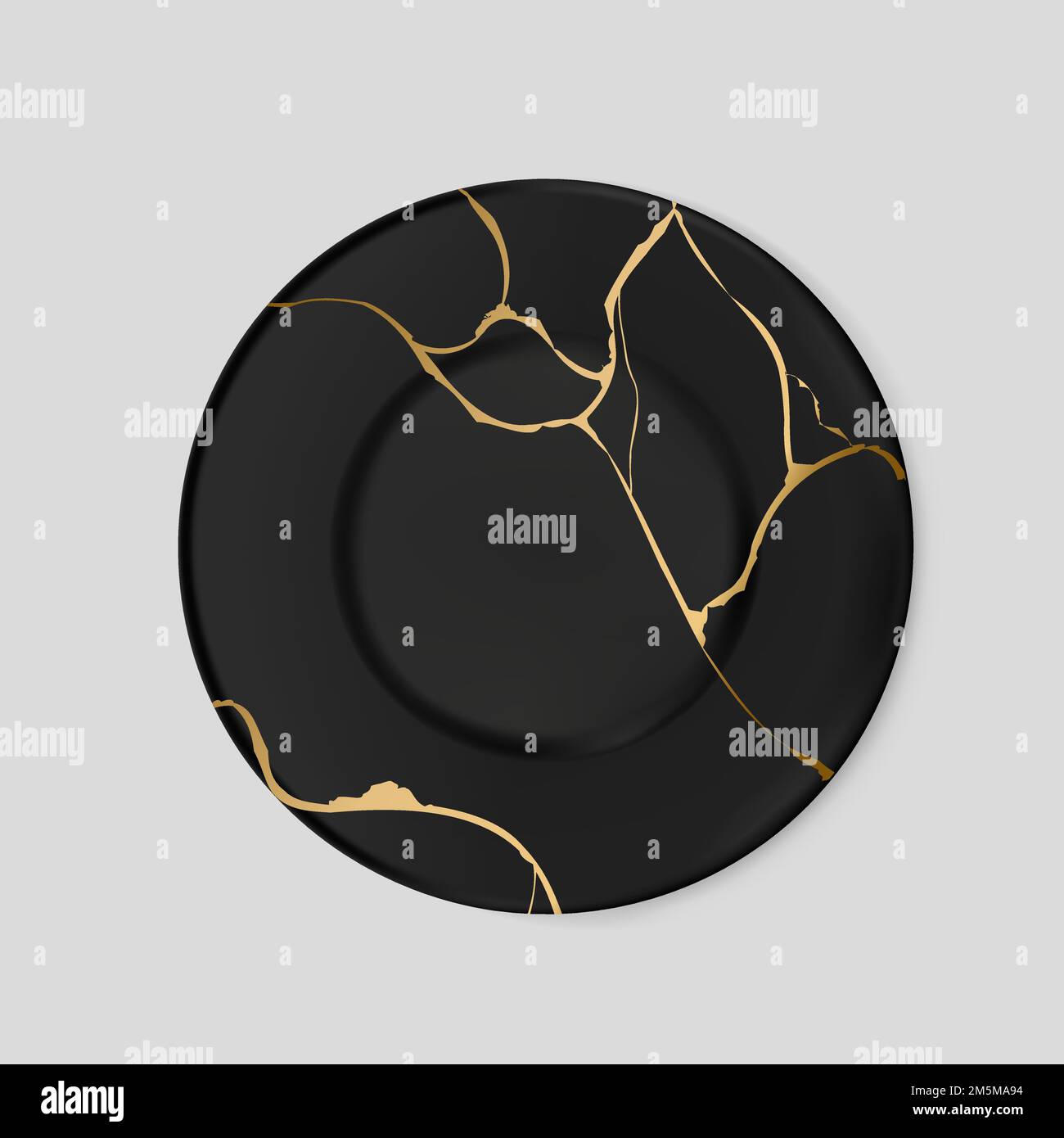 Piatto nero con kintsugi in oro. Effetti di rottura e rottura. Restauro di ceramica rotta. Texture marmo. Illustrazione vettoriale moderna. Arte giapponese di Illustrazione Vettoriale