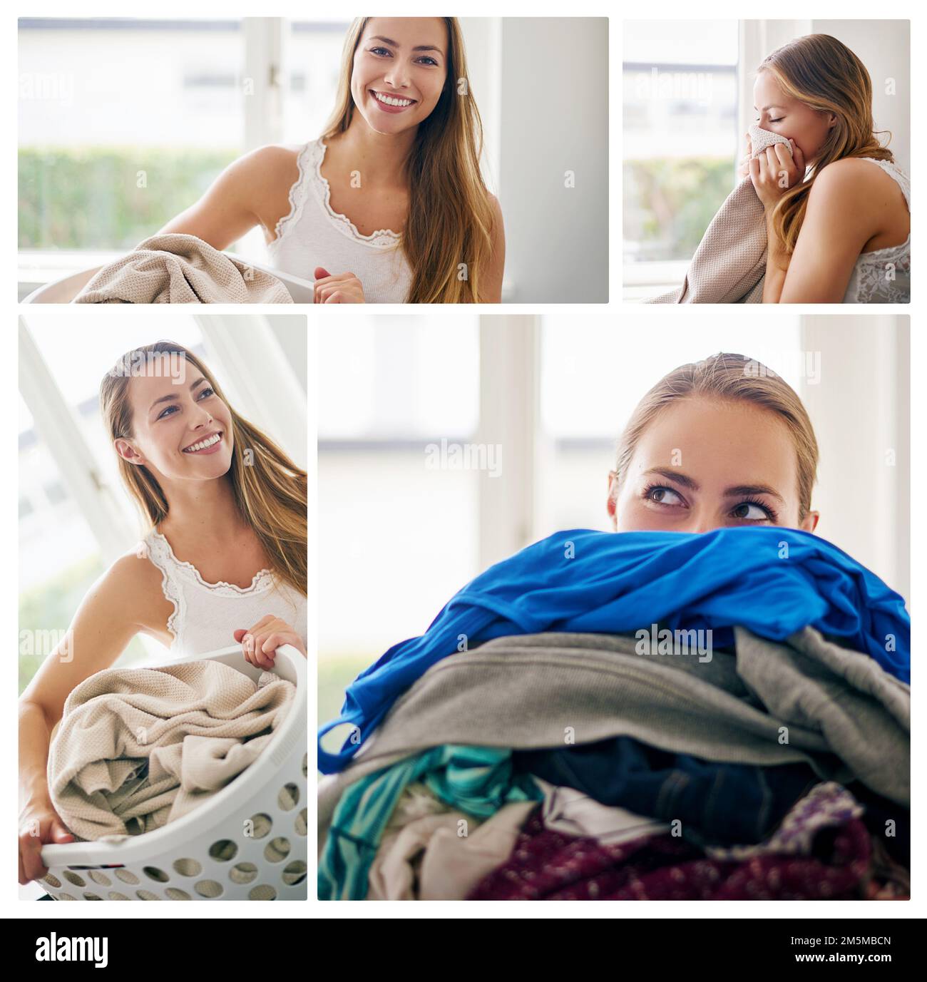 Theres nessun odore migliore che la lavanderia appena fatta. Immagine composita di una giovane donna che fa il bucato a casa. Foto Stock