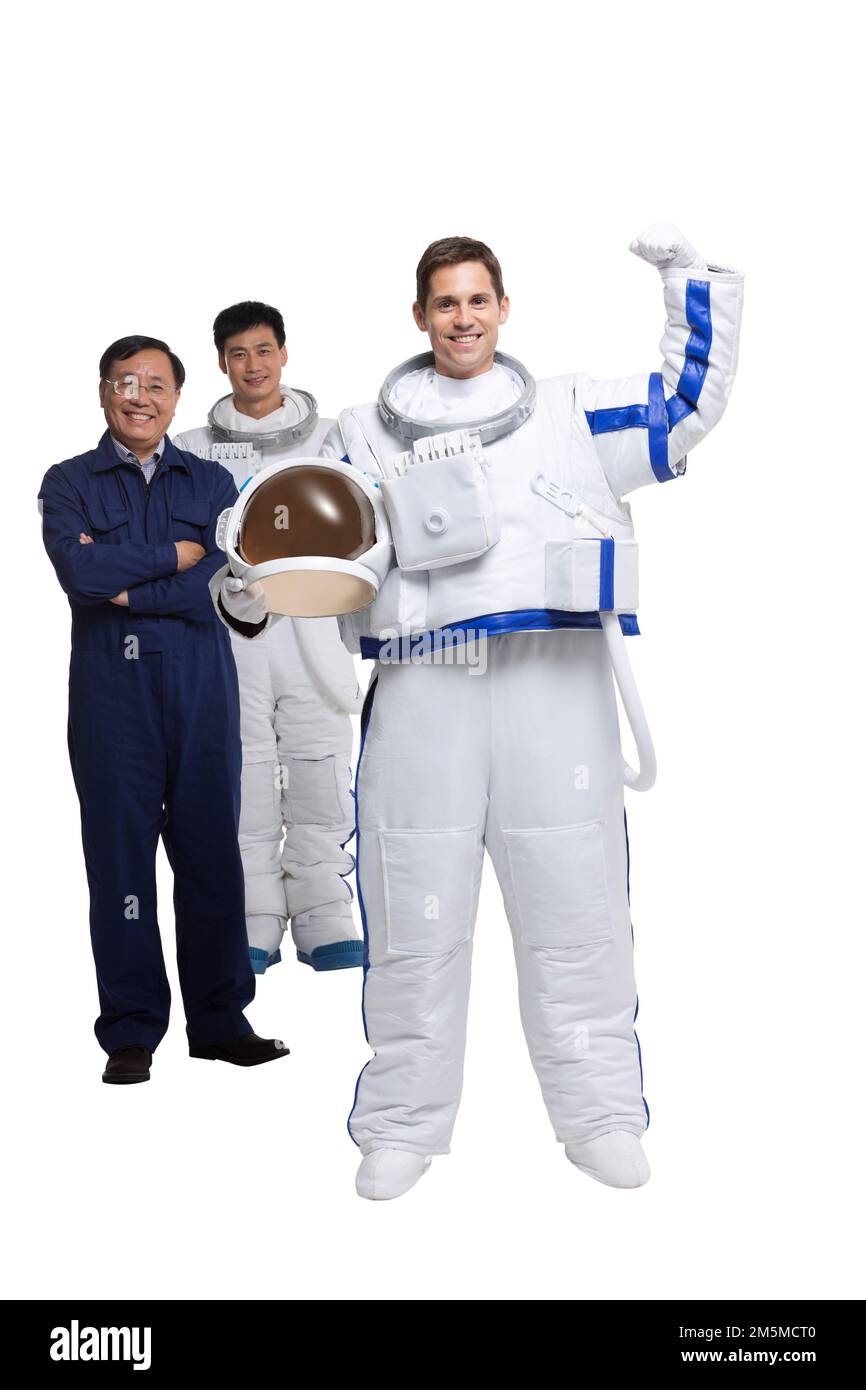 Fotografa astronauti maschi e squadra di ingegneri Foto Stock