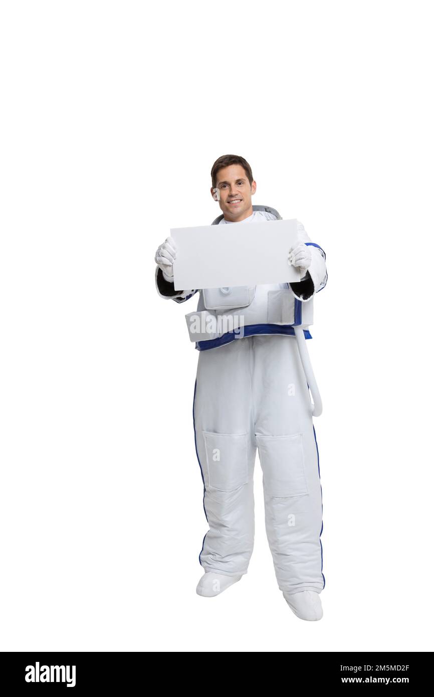Gli astronauti maschi capannoni prendono una lavagna bianca Foto Stock