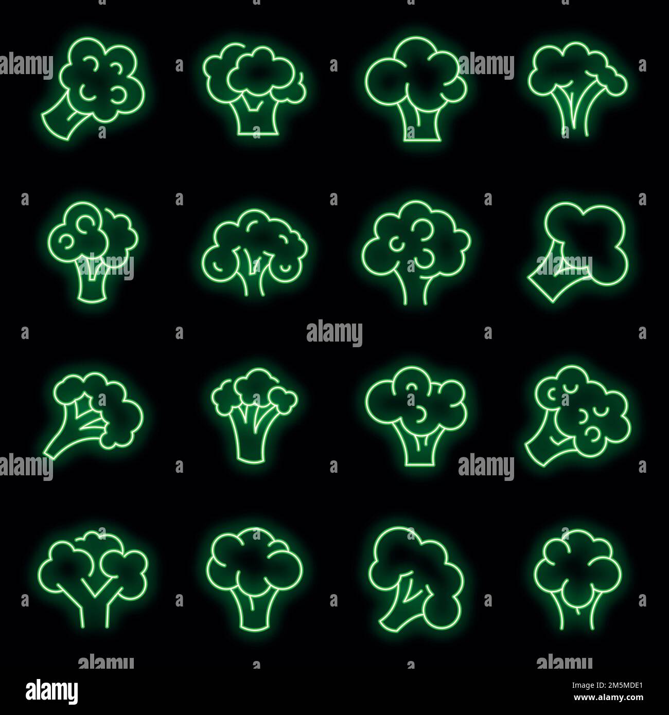 Set di icone broccoli. Contorno set di icone vettoriali di broccoli colore neon nero Illustrazione Vettoriale