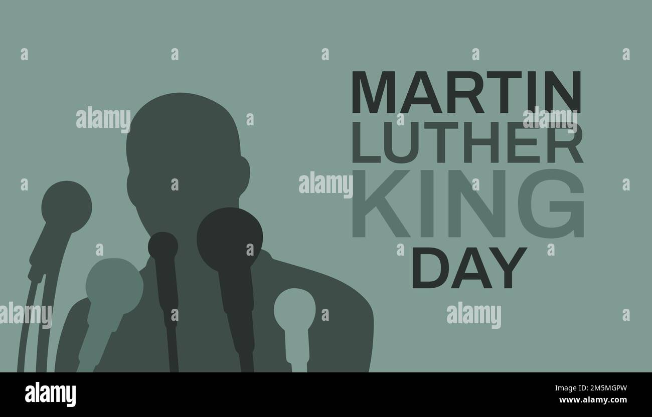 Martin Luther King Jr Disegno del biglietto d'auguri per la tipografia del giorno. Sfondo vettoriale grigio giorno MLK Illustrazione Vettoriale